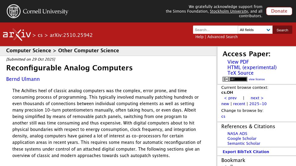 Screenshot of arxiv.org: Reconfigurable Analog Computers