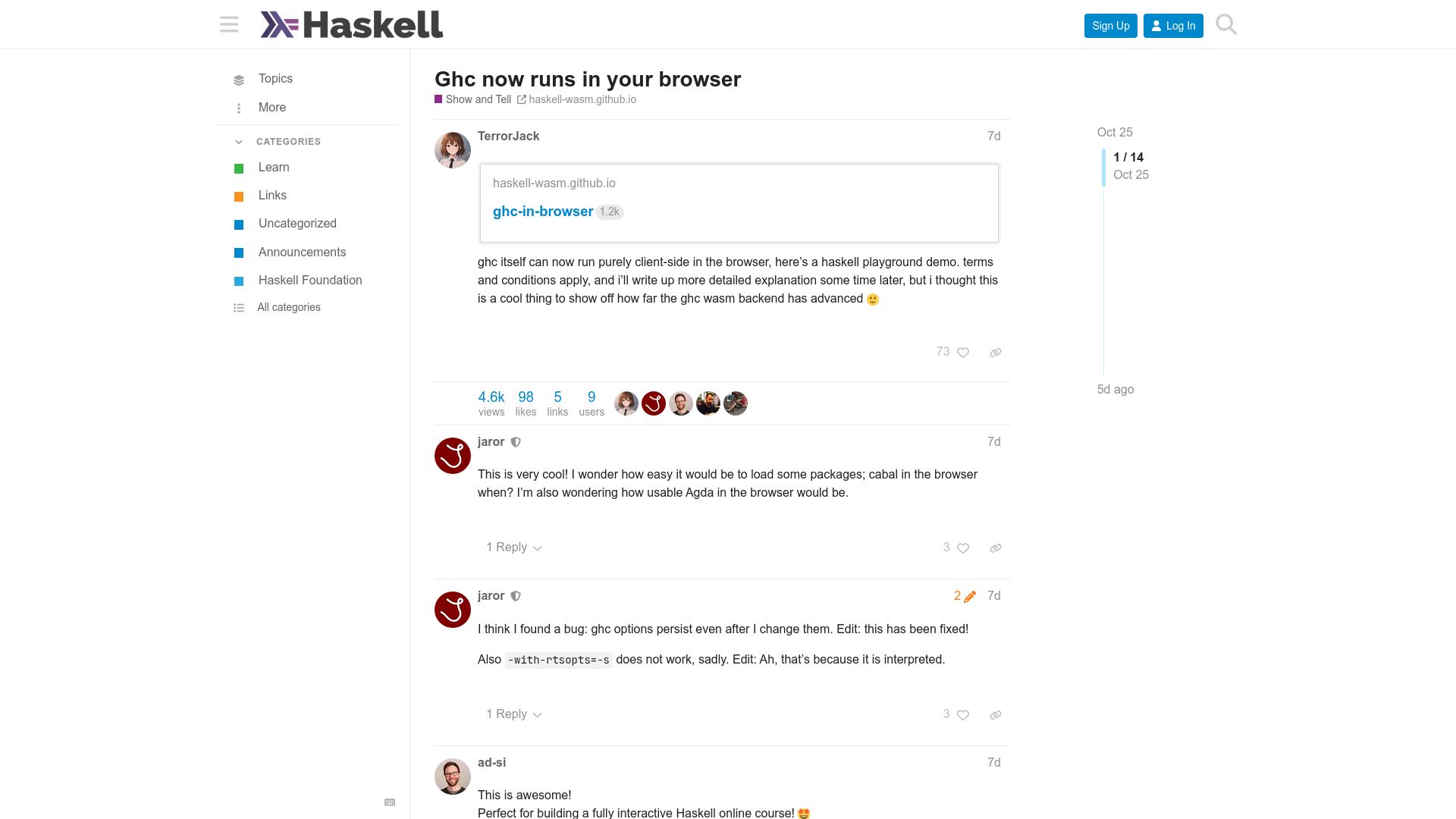 Screenshot of discourse.haskell.org: GHC now runs in the browser