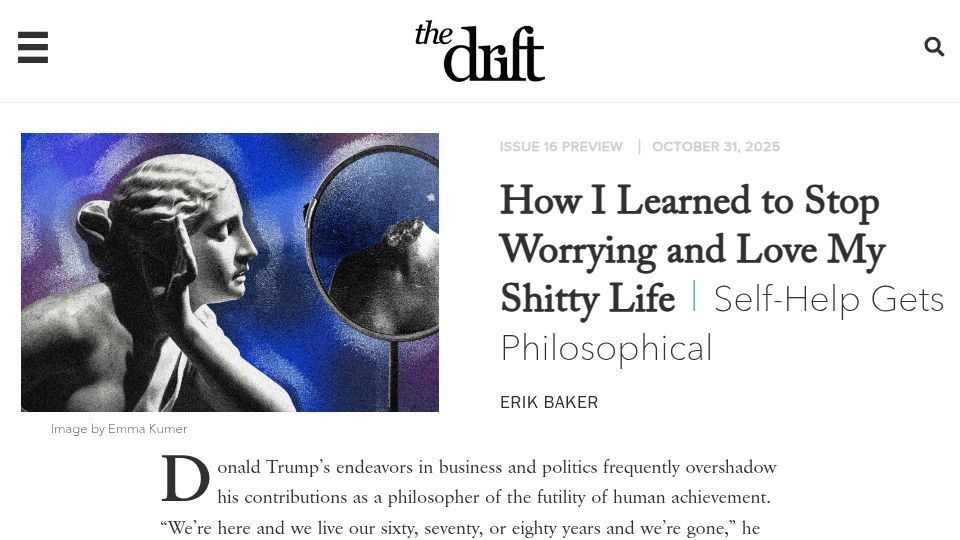 Screenshot of thedriftmag.com: Self-help gets philosophical