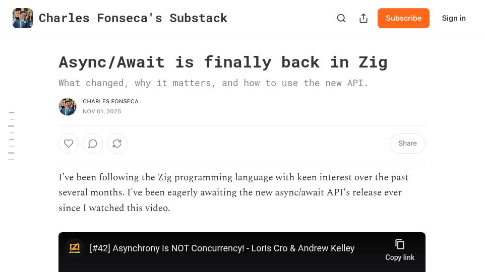 Screenshot of charlesfonseca.substack.com: Async/Await is finally back in Zig