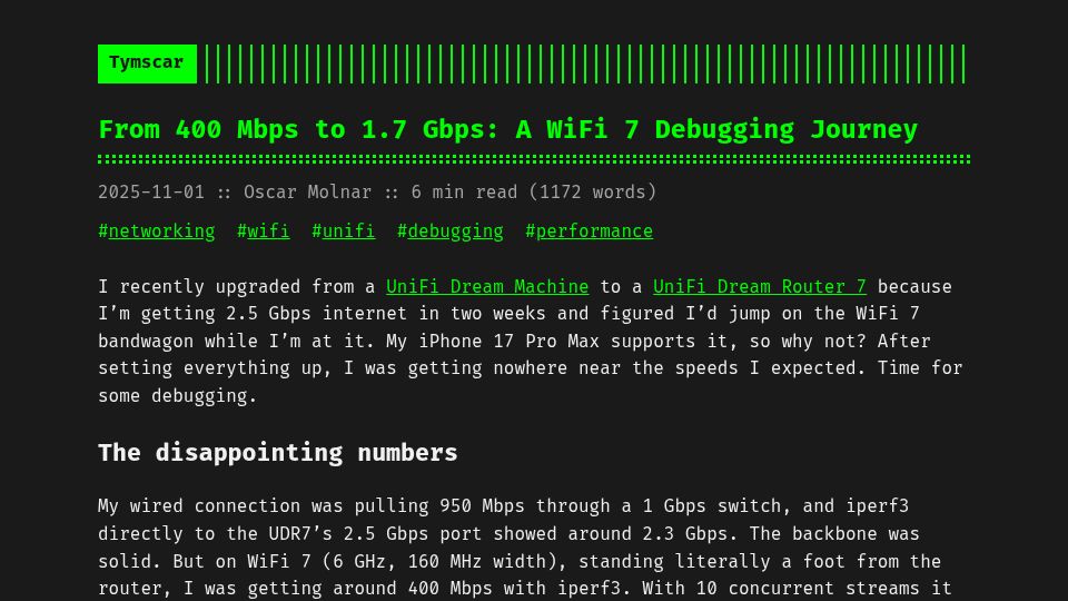 Screenshot of blog.tymscar.com: From 400 Mbps to 1.7 Gbps: A WiFi 7 Debugging Journey
