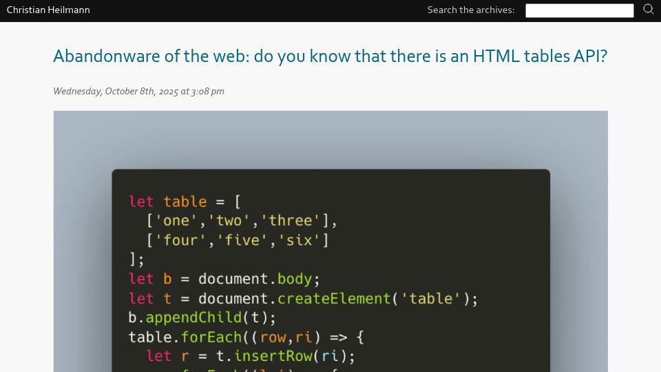 Screenshot of christianheilmann.com: Do you know that there is an HTML tables API?
