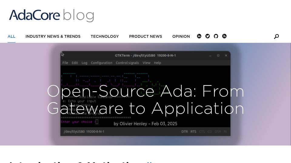 Screenshot of blog.adacore.com: Open-Source Ada: From Gateware to Application