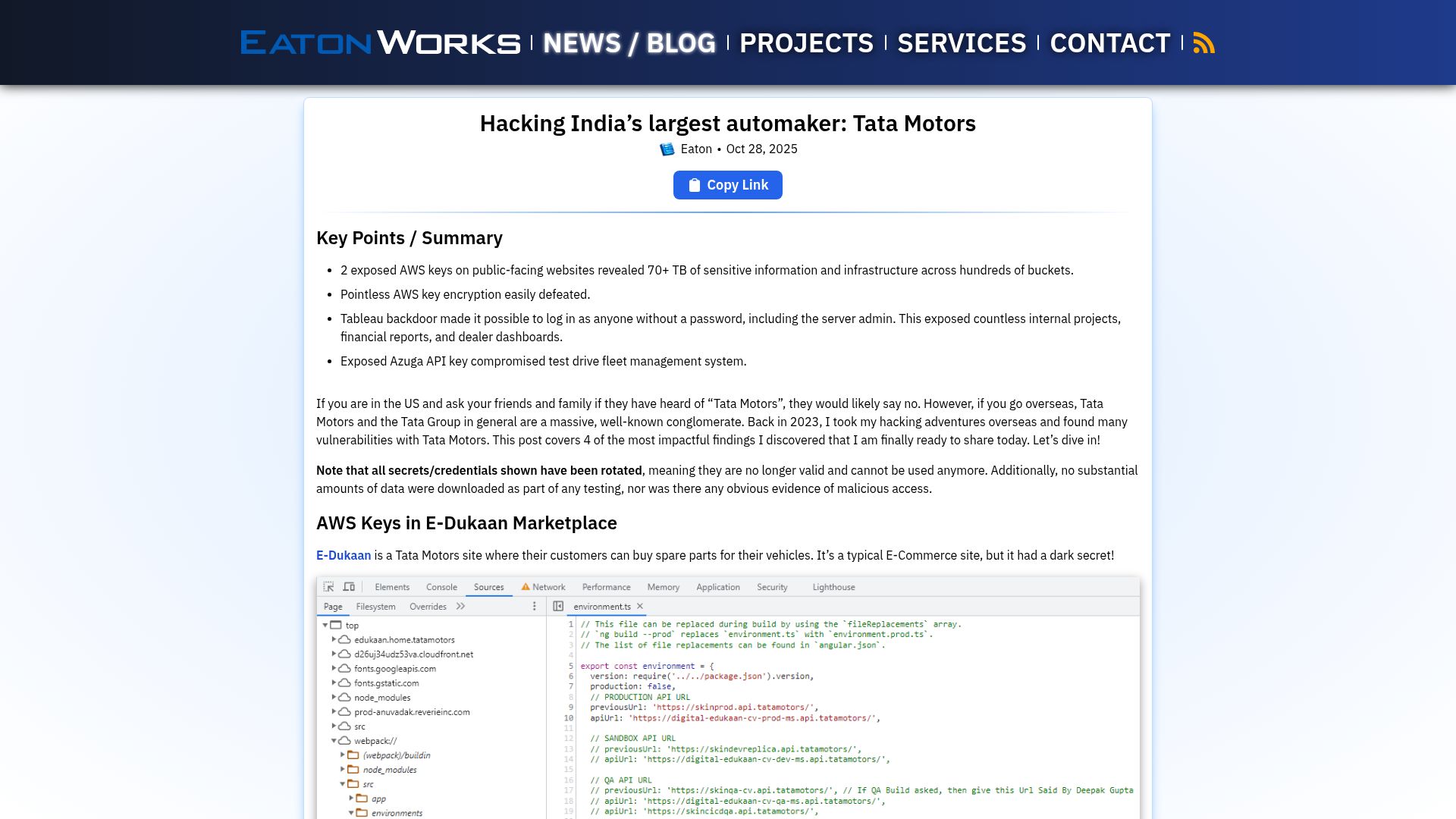 Screenshot of eaton-works.com: Hacking India's largest automaker: Tata Motors