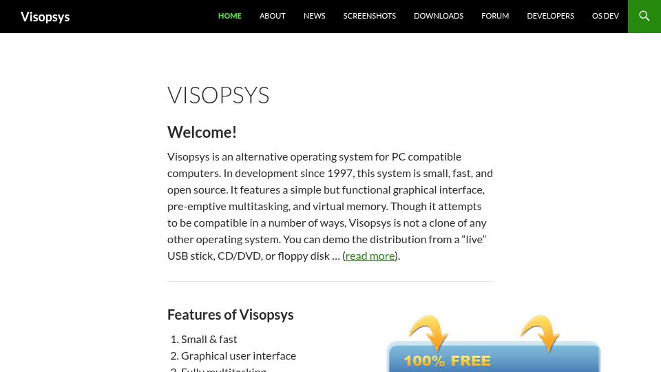 Screenshot of visopsys.org: Visopsys: OS maintained by a single developer since 1997