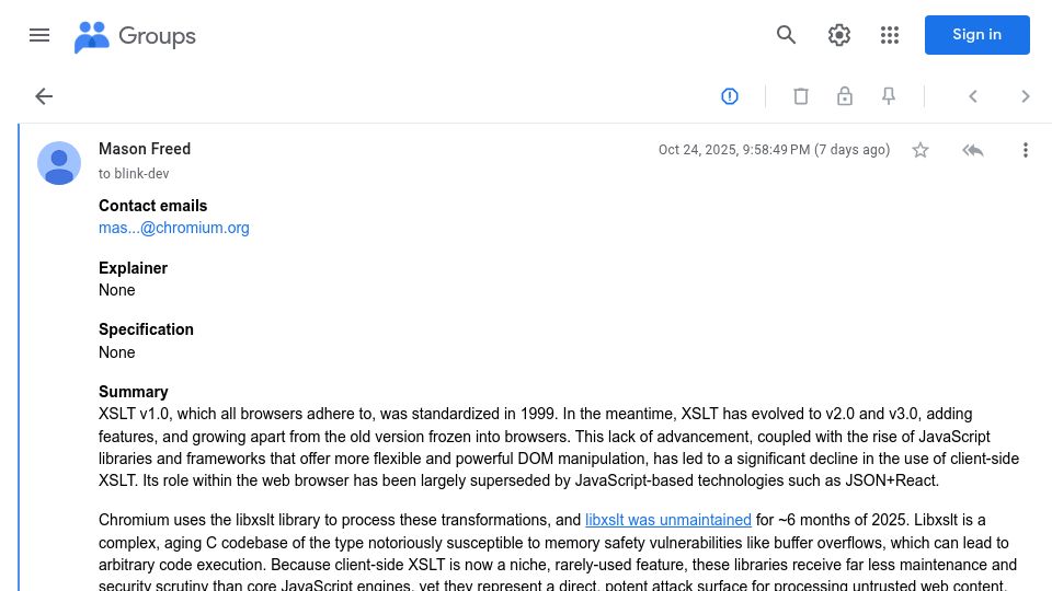 Screenshot of groups.google.com: Intent to Deprecate and Remove XSLT