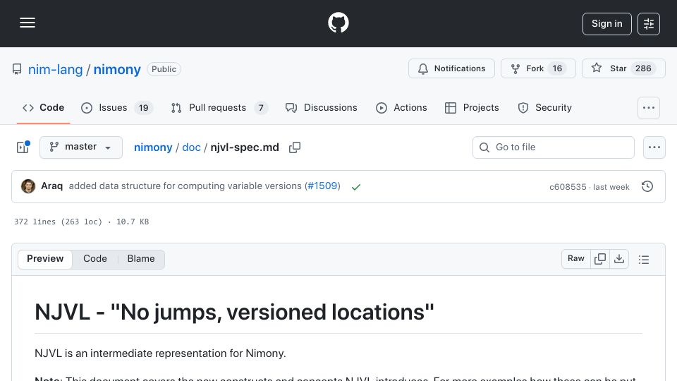 Screenshot of github.com: NJVL: Nim's New Intermediate Representation