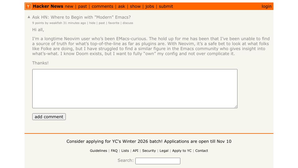 Screenshot of Hacker News post: Ask HN: Where to begin with "modern" Emacs?