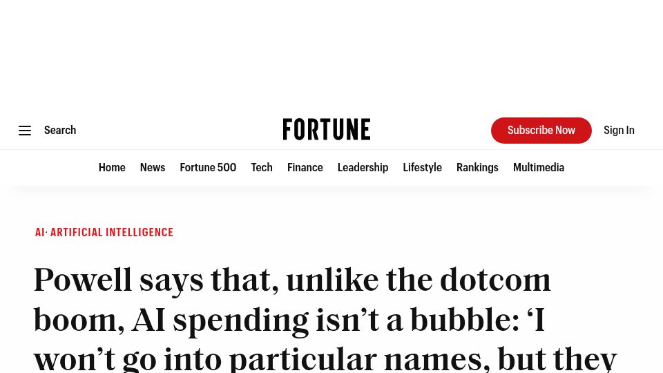 Screenshot of fortune.com: Powell – unlike the dotcom boom, AI spending isn't a bubble