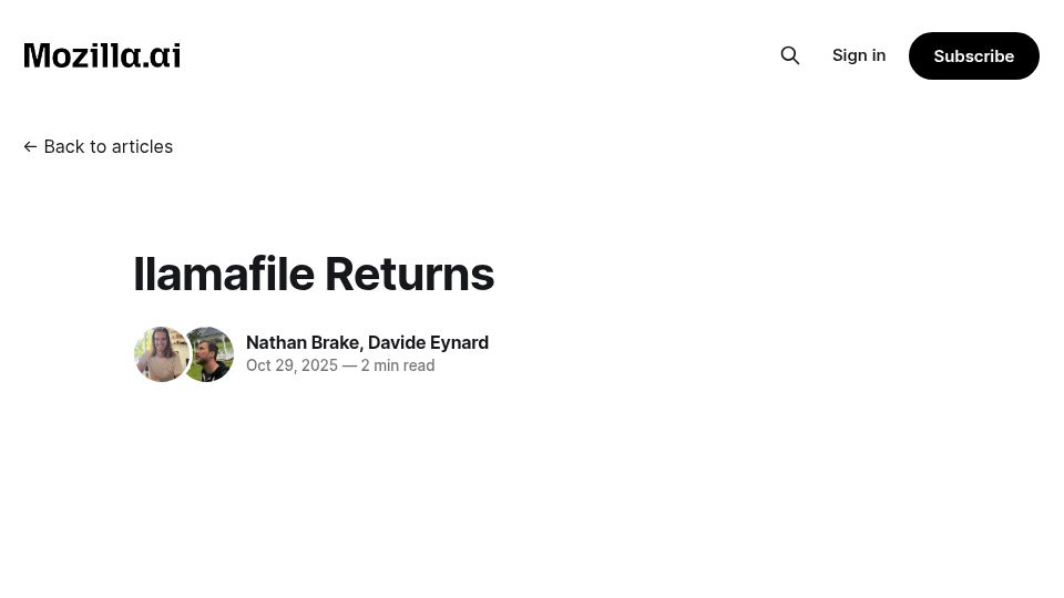 Screenshot of blog.mozilla.ai: Llamafile Returns