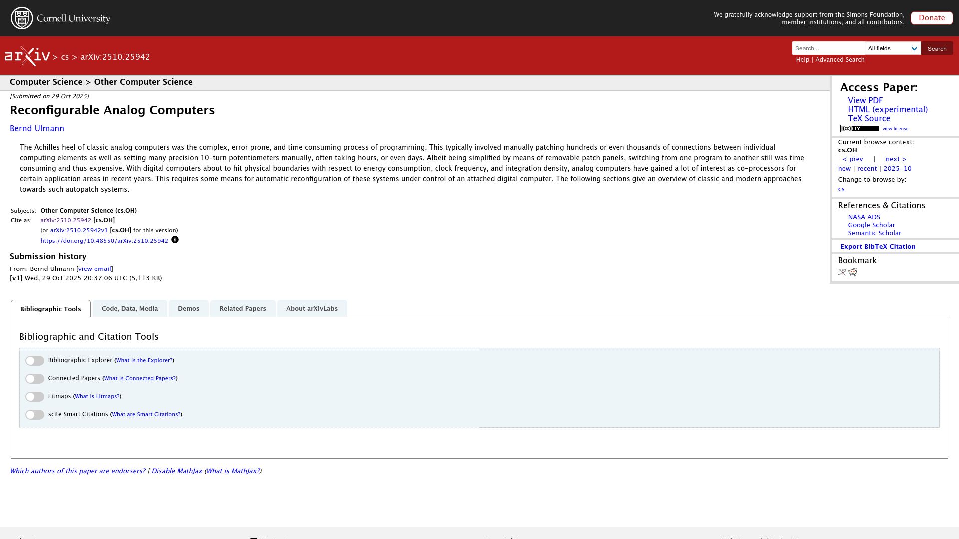 Screenshot of arxiv.org: Reconfigurable Analog Computers