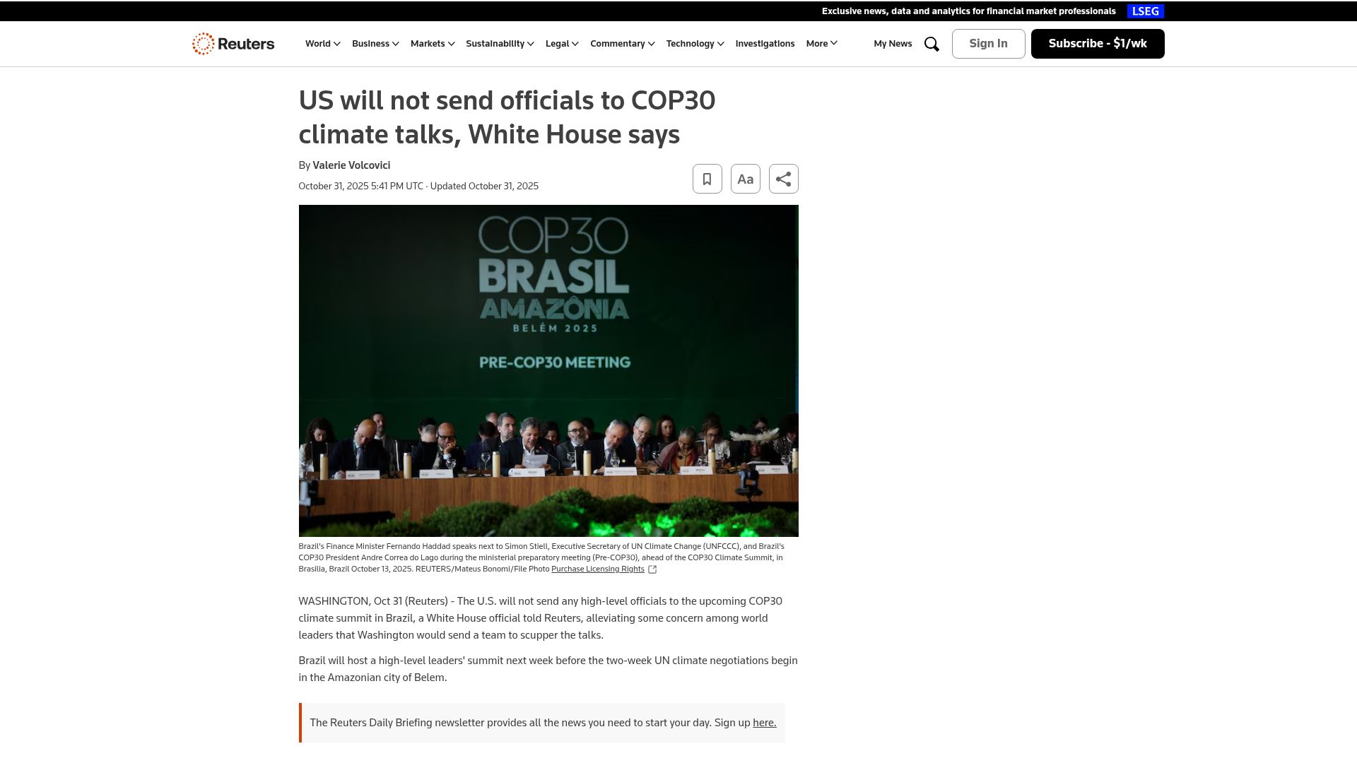 Screenshot of reuters.com: US will not send officials to COP30 climate talks