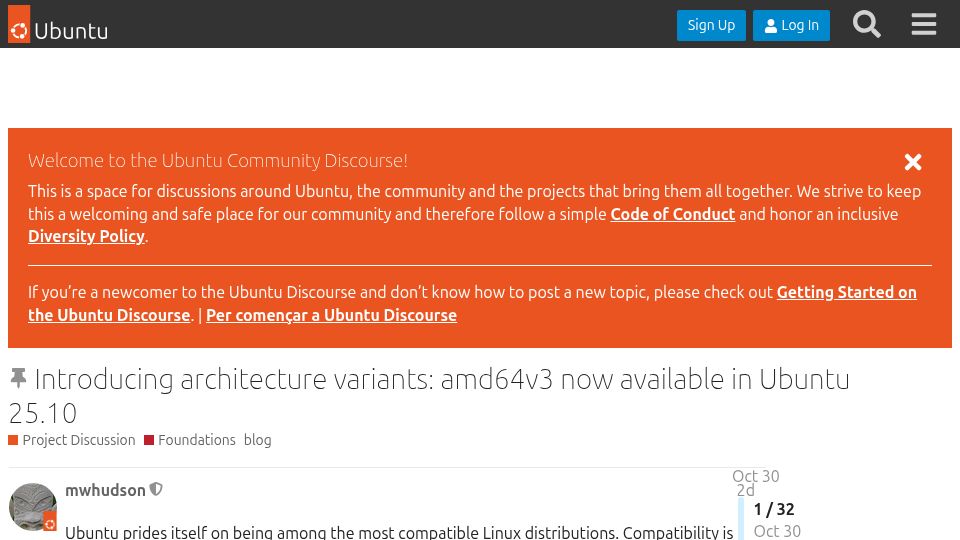 Screenshot of discourse.ubuntu.com: Introducing architecture variants