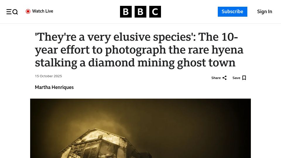 Screenshot of bbc.com: Photographing the rare brown hyena stalking a diamond mining ghost town