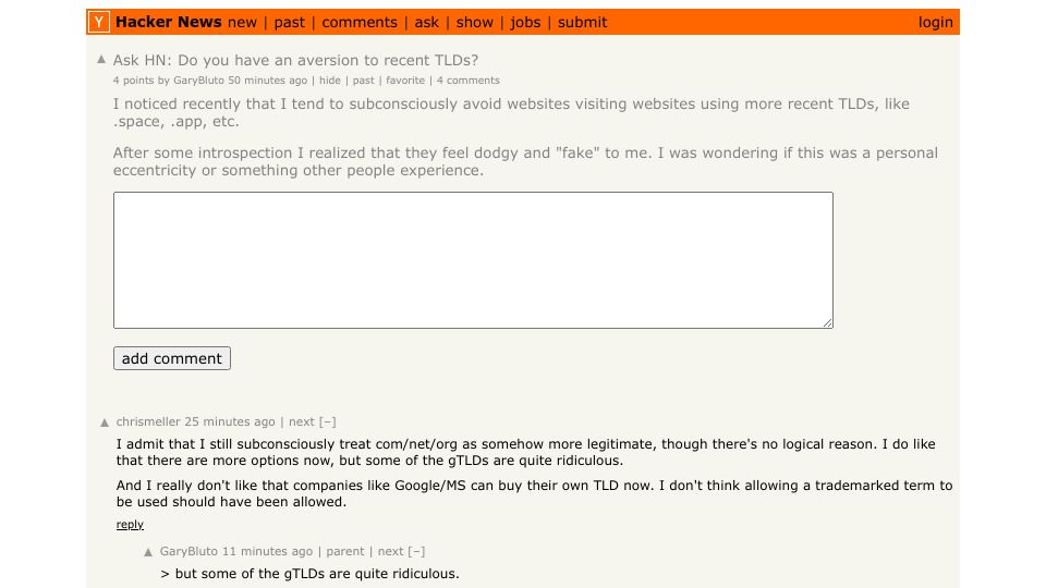 Screenshot of Hacker News post: Ask HN: Do you have an aversion to recent TLDs?