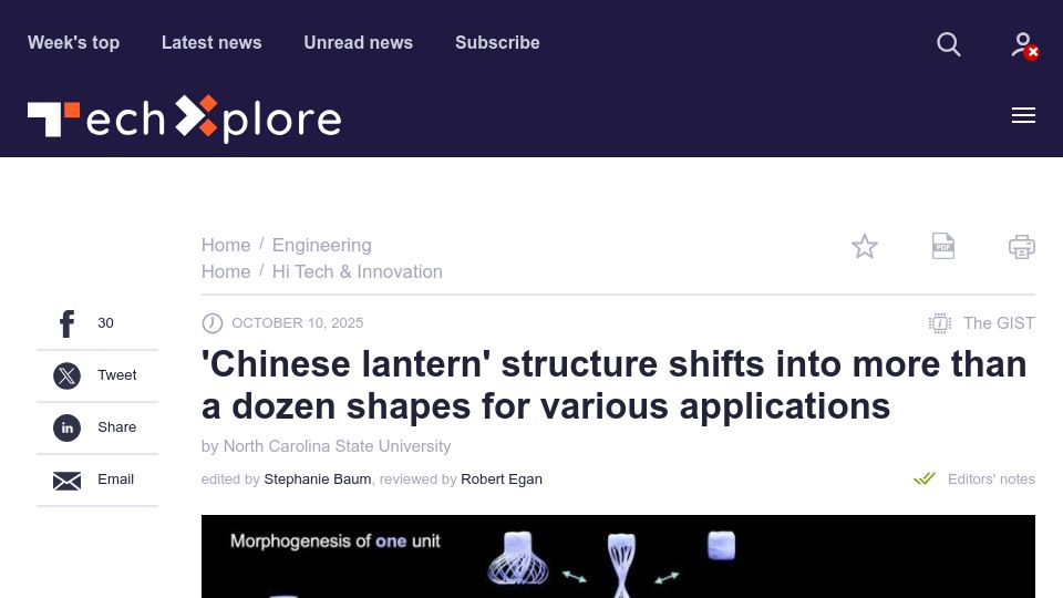 Screenshot of techxplore.com: 'Chinese lantern' structure shifts into many shapes for various applications