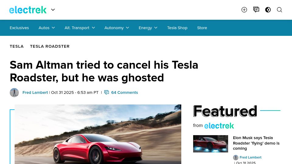 Screenshot of electrek.co: Sam Altman tried to cancel his Tesla Roadster, but he was ghosted