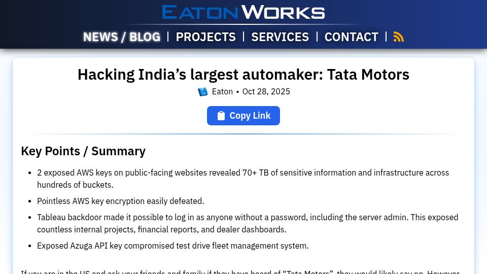 Screenshot of eaton-works.com: Hacking India's largest automaker: Tata Motors