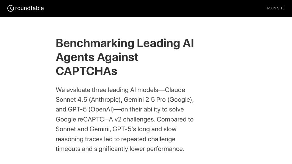 Screenshot of research.roundtable.ai: Benchmarking leading AI agents against Google reCAPTCHA v2