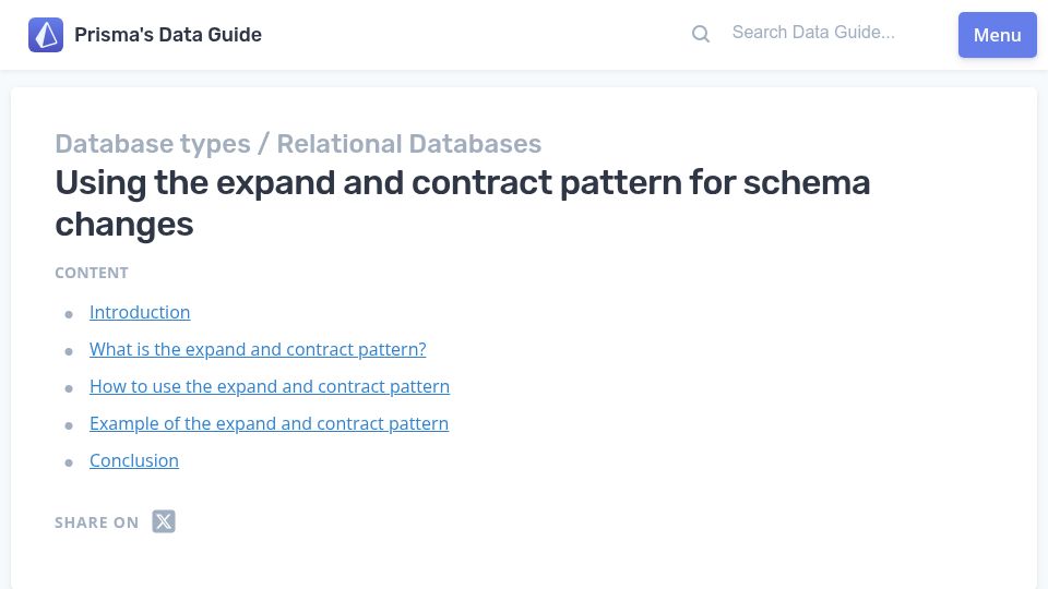 Screenshot of prisma.io: Using the expand and contract pattern for schema changes