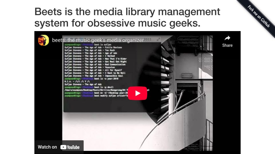 Screenshot of beets.io: Beets: The music geek’s media organizer