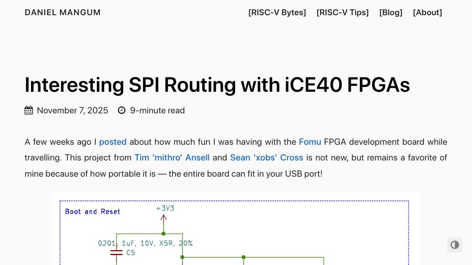 Screenshot of danielmangum.com: Interesting SPI Routing with iCE40 FPGAs