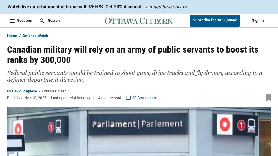 Screenshot of ottawacitizen.com: Canadian military will rely on public servants to boost its ranks by 300k