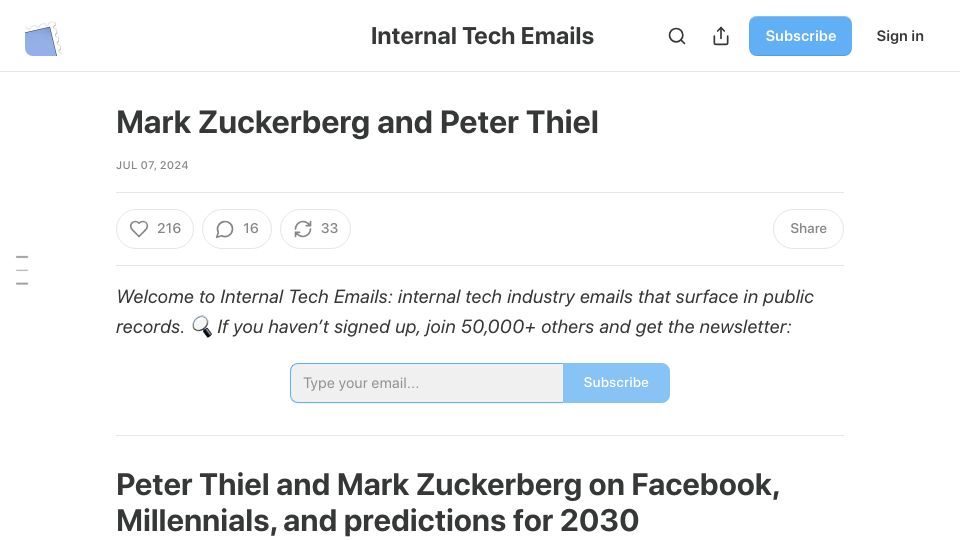 Screenshot of techemails.com: Thiel and Zuckerberg on Facebook, Millennials, and predictions for 2030