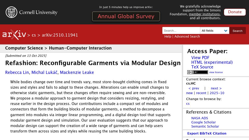 Screenshot of arxiv.org: Refashion: Reconfigurable Garments via Modular Design