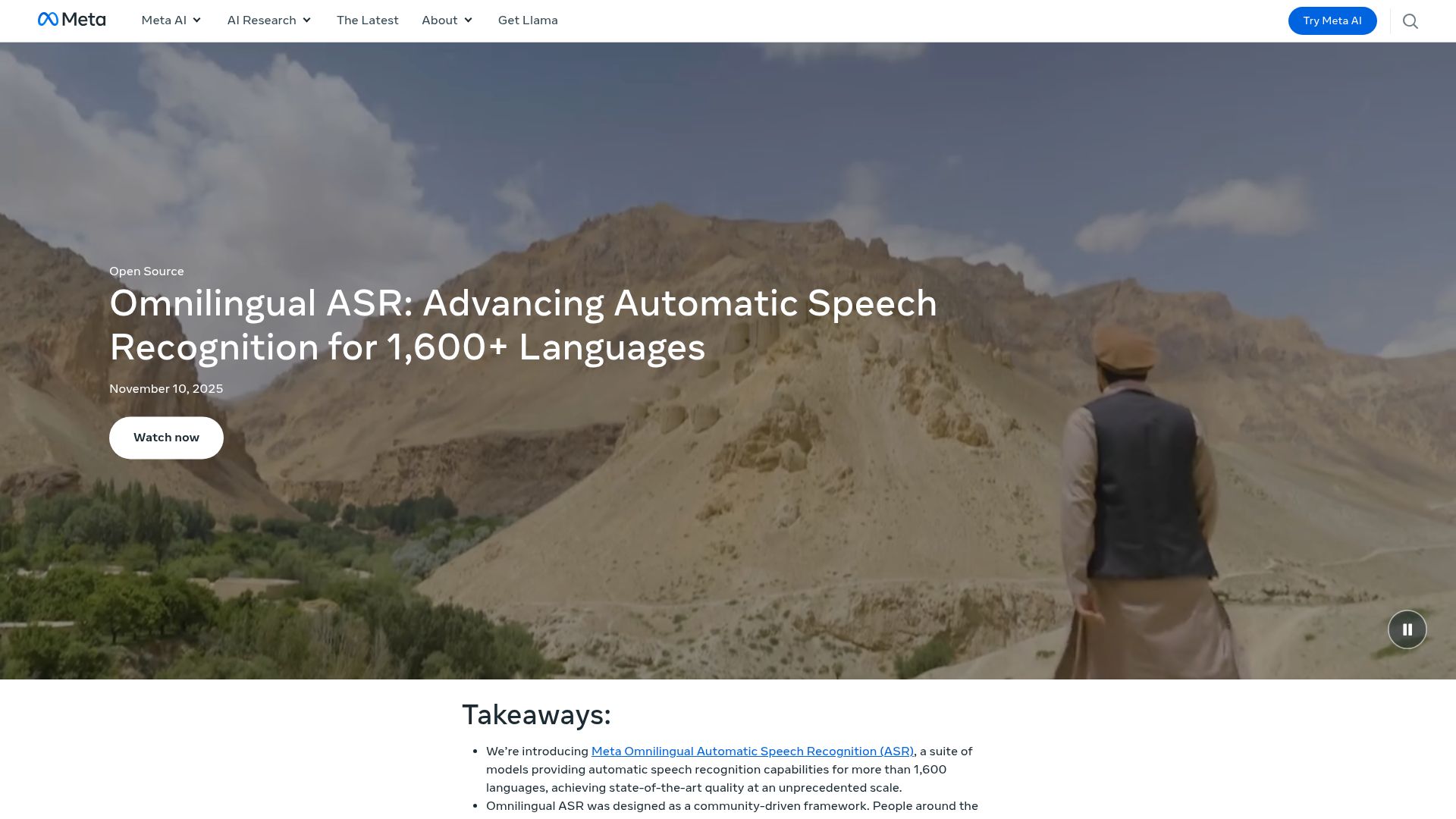 Screenshot of ai.meta.com: Omnilingual ASR: Advancing automatic speech recognition for 1600 languages
