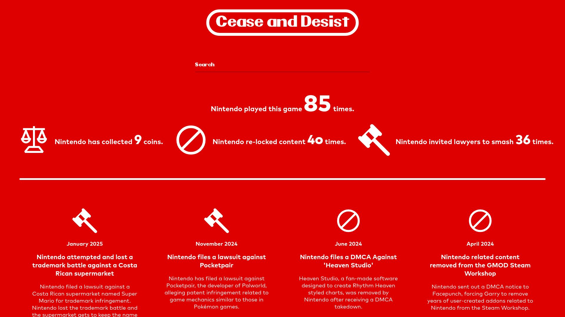 Screenshot of suedbynintendo.com: Sued by Nintendo