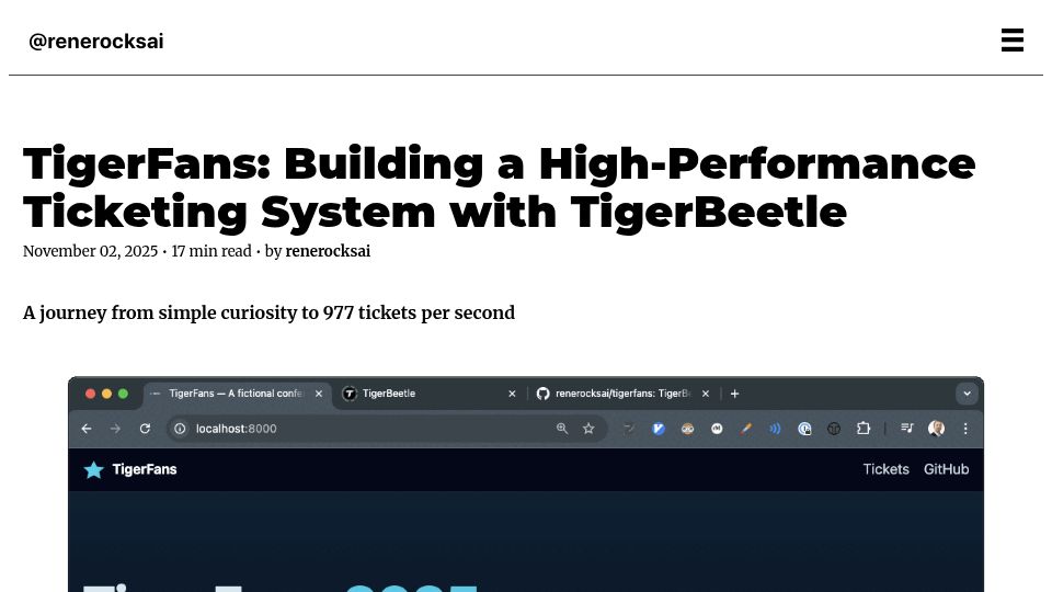 Screenshot of renerocks.ai: Building a high-performance ticketing system with TigerBeetle