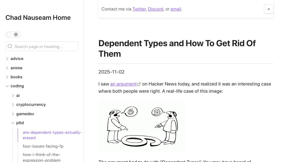 Screenshot of chadnauseam.com: Dependent types and how to get rid of them