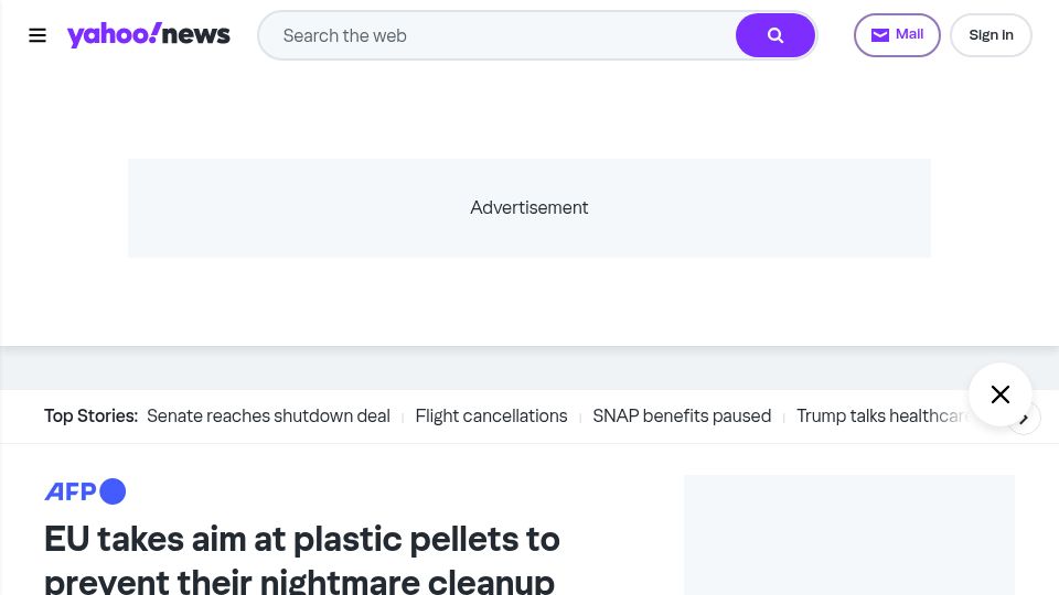 Screenshot of yahoo.com: EU takes aim at plastic pellets to prevent their nightmare cleanup