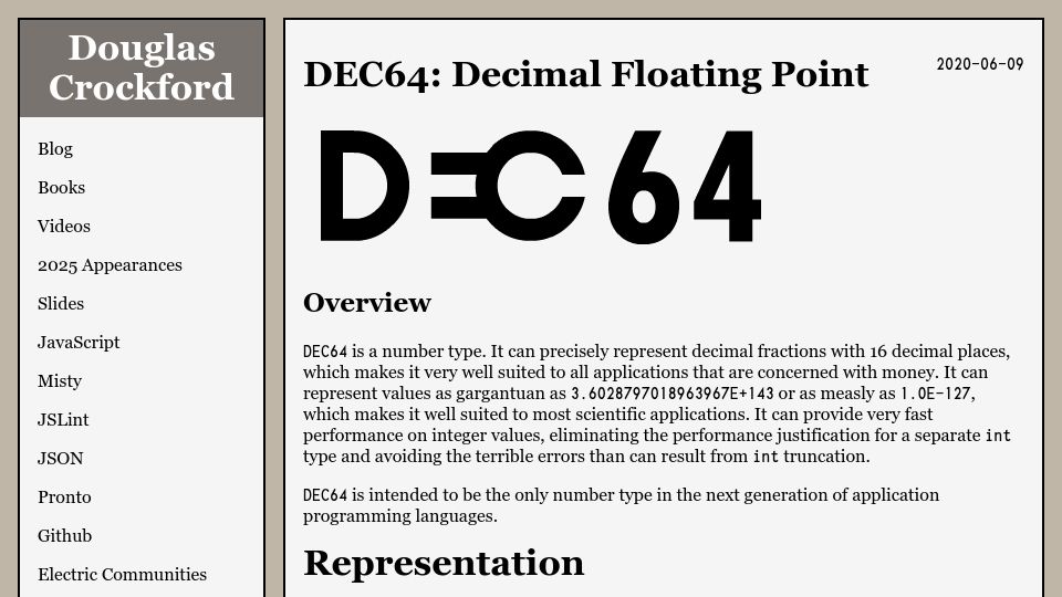 Screenshot of crockford.com: DEC64: Decimal Floating Point (2020)