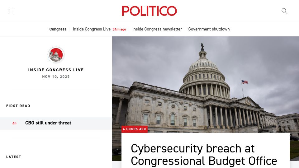 Screenshot of politico.com: Cybersecurity breach at Congressional Budget Office remains a live threat