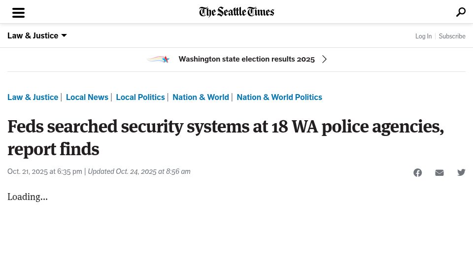 Screenshot of seattletimes.com: Feds searched license camera readers at 18 WA police agencies without consent
