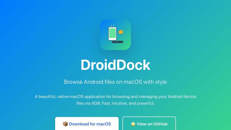 Screenshot of rajivm1991.github.io: Show HN: DroidDock – A sleek macOS app for browsing Android device files via ADB