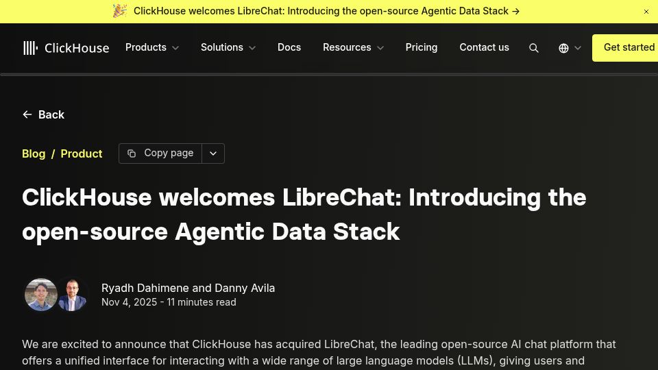 Screenshot of clickhouse.com: ClickHouse acquires LibreChat, open-source AI chat platform