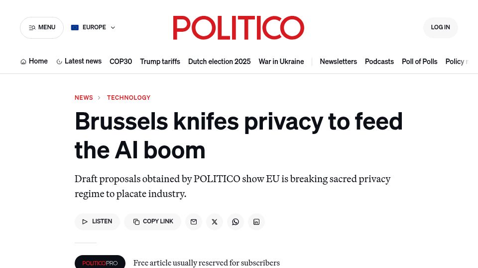 Screenshot of politico.eu: European Commission plans “digital omnibus” package to simplify its tech laws