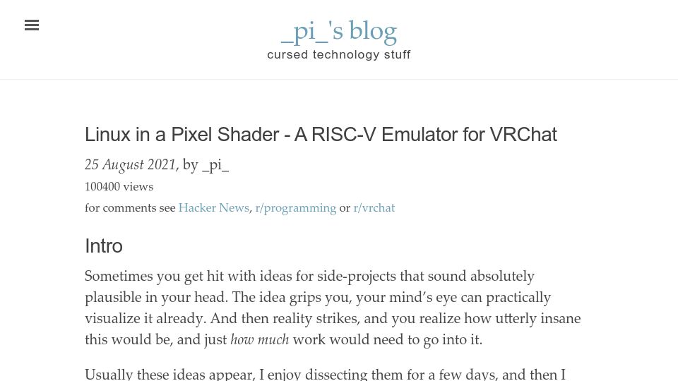 Screenshot of blog.pimaker.at: Linux in a Pixel Shader – A RISC-V Emulator for VRChat