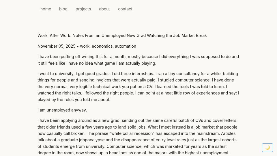 Screenshot of urlahmed.com: Work after work: Notes from an unemployed new grad watching the job market break