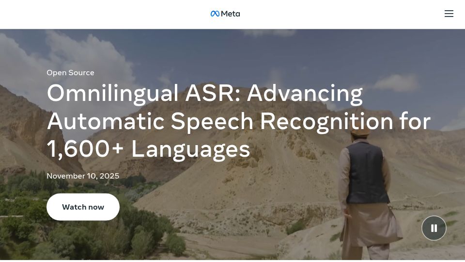 Screenshot of ai.meta.com: Omnilingual ASR: Advancing automatic speech recognition for 1600 languages
