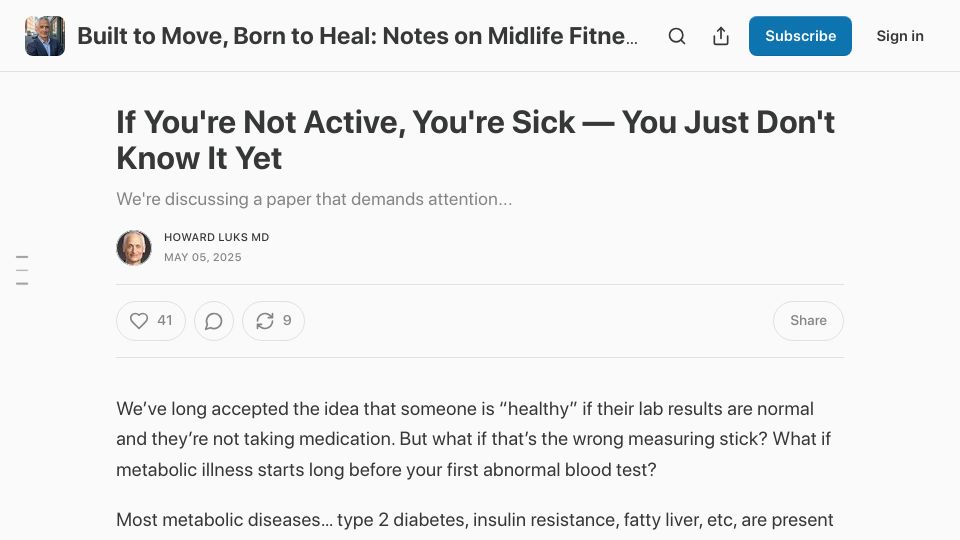 Screenshot of howardluksmd.substack.com: Metabolic and cellular differences between sedentary and active individuals
