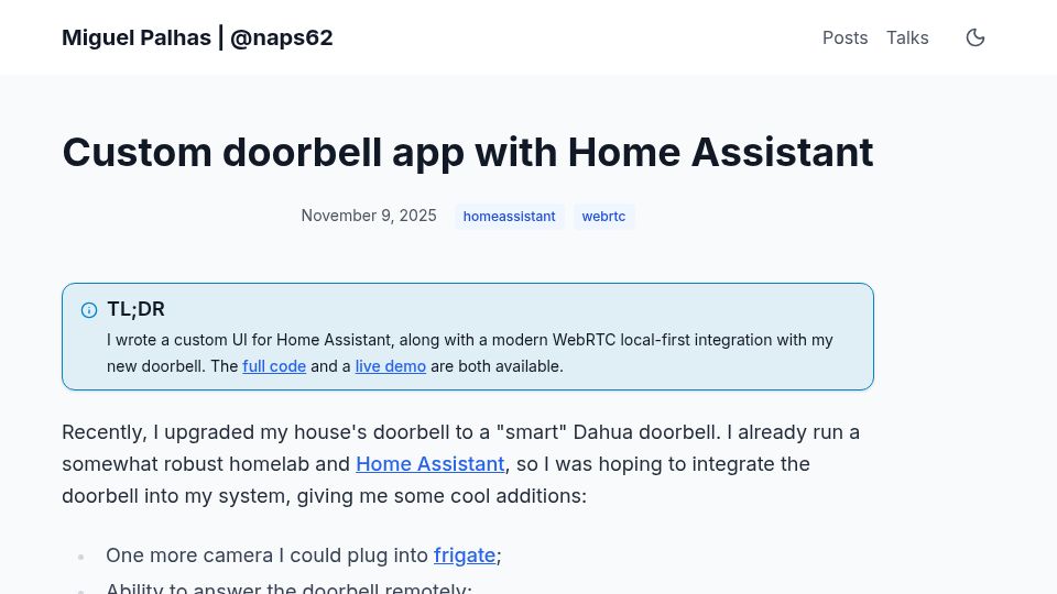 Screenshot of naps62.com: Custom doorbell app with Home Assistant and WebRTC