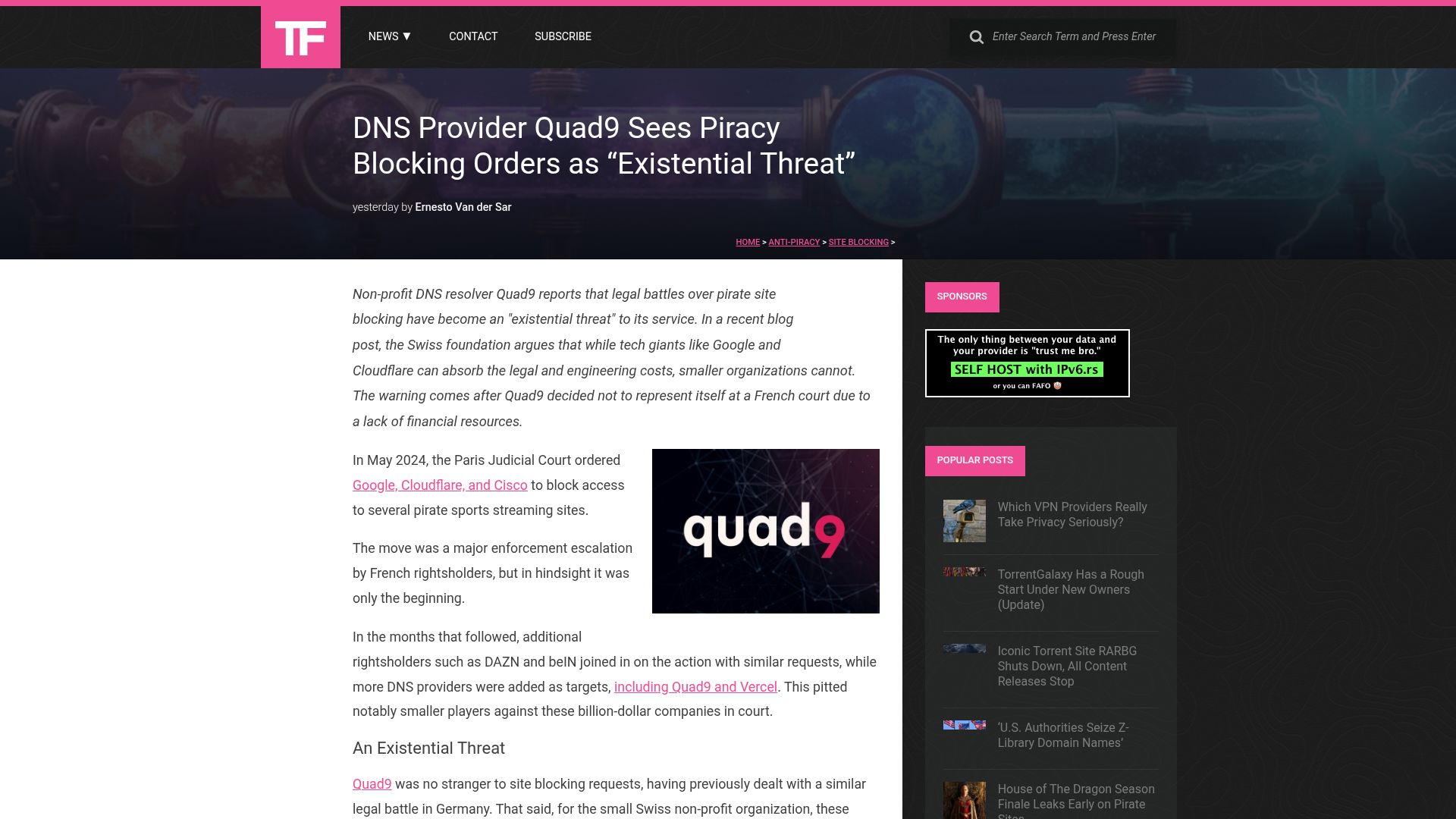 Screenshot of torrentfreak.com: DNS Provider Quad9 Sees Piracy Blocking Orders as "Existential Threat"
