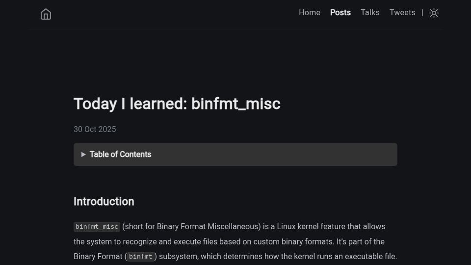 Screenshot of dfir.ch: Today I Learned: Binfmt_misc