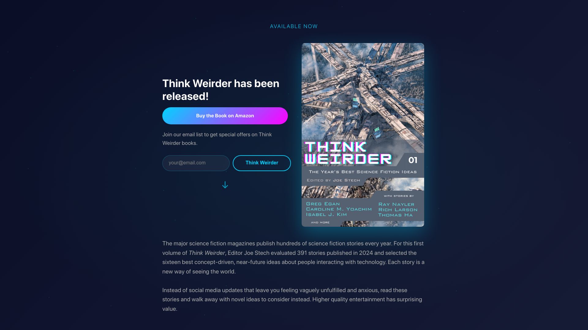 Screenshot of thinkweirder.com: Think Weirder: The Year's Best SciFi Ideas