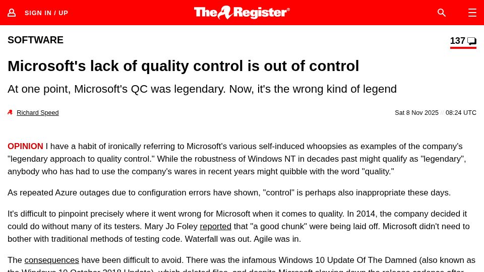 Screenshot of theregister.com: Microsoft's lack of quality control is out of control