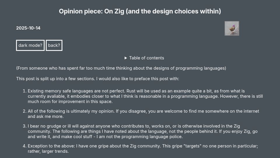 Screenshot of blueberrywren.dev: Zig and the design choices within